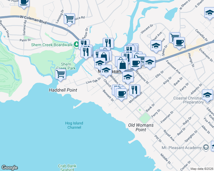 map of restaurants, bars, coffee shops, grocery stores, and more near 415 Church Street in Mount Pleasant