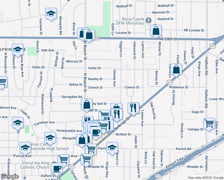 map of restaurants, bars, coffee shops, grocery stores, and more near 4112 Creech Street in Haltom City