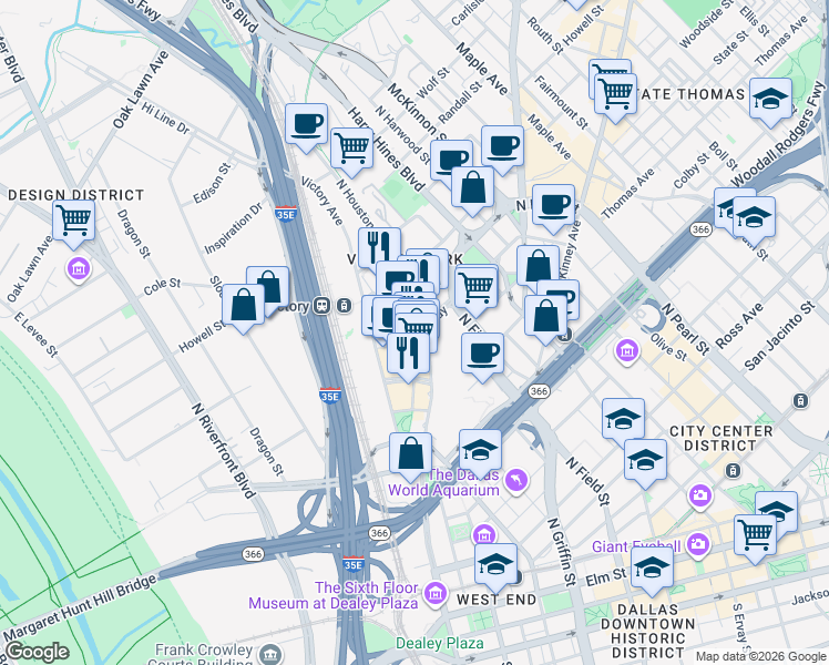 map of restaurants, bars, coffee shops, grocery stores, and more near 2440 Victory Park Lane in Dallas