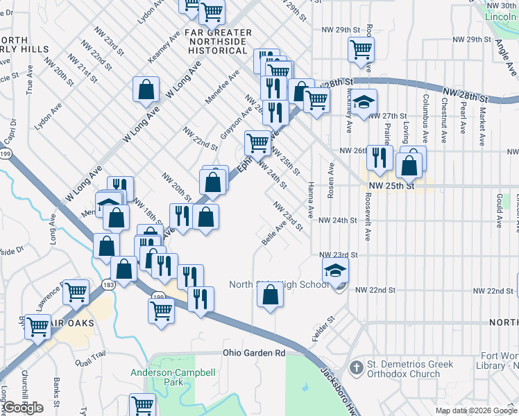 map of restaurants, bars, coffee shops, grocery stores, and more near 2200 Northwest 24th Street in Fort Worth