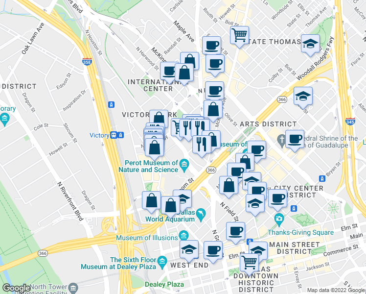 map of restaurants, bars, coffee shops, grocery stores, and more near North Field Street in Dallas