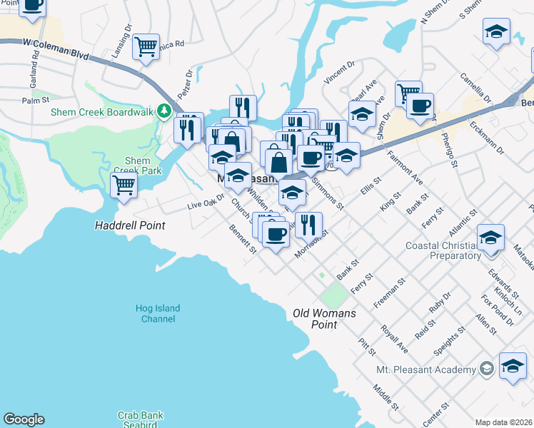 map of restaurants, bars, coffee shops, grocery stores, and more near 425 Whilden Street in Mount Pleasant