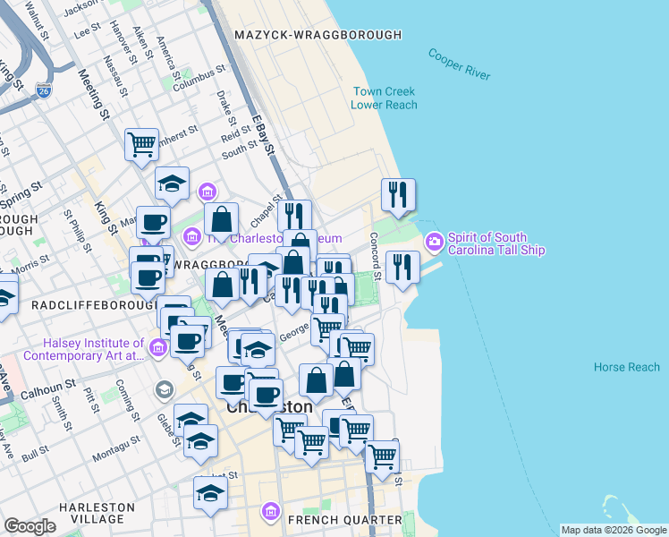 map of restaurants, bars, coffee shops, grocery stores, and more near 344 East Bay Street in Charleston