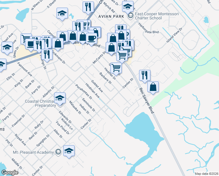 map of restaurants, bars, coffee shops, grocery stores, and more near 925 Randall Drive in Mount Pleasant