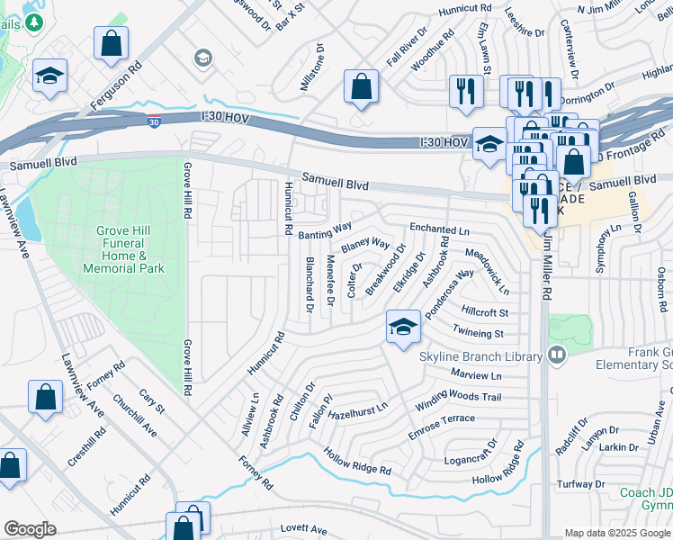 map of restaurants, bars, coffee shops, grocery stores, and more near 5119 Colter Drive in Dallas