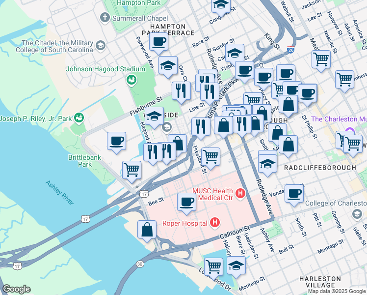 map of restaurants, bars, coffee shops, grocery stores, and more near 2 Ashton Street in Charleston