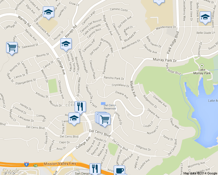 map of restaurants, bars, coffee shops, grocery stores, and more near 6415 Crystalaire Drive in San Diego