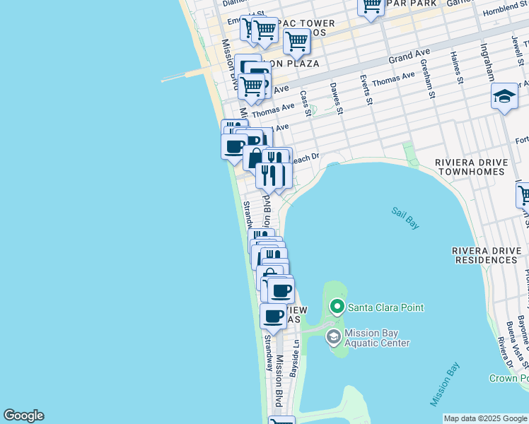 map of restaurants, bars, coffee shops, grocery stores, and more near 3958 Mission Boulevard in San Diego