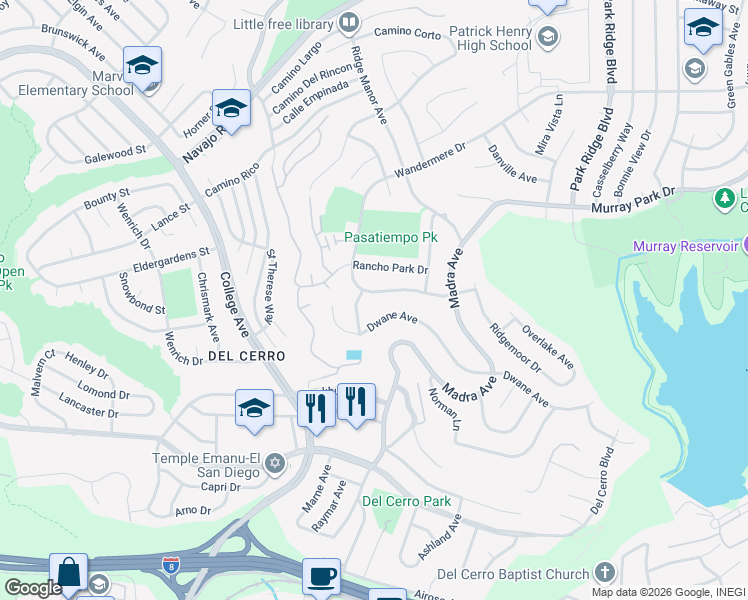 map of restaurants, bars, coffee shops, grocery stores, and more near 6415 Crystalaire Drive in San Diego