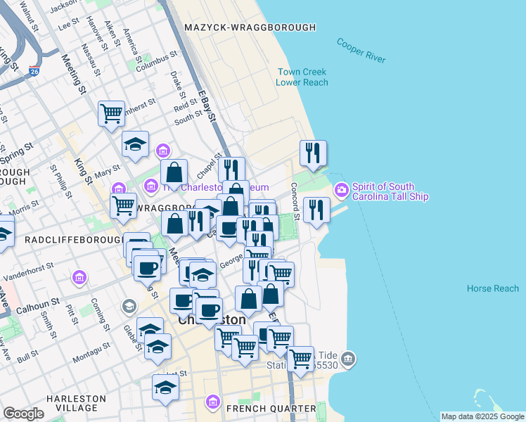 map of restaurants, bars, coffee shops, grocery stores, and more near 33 Calhoun Street in Charleston