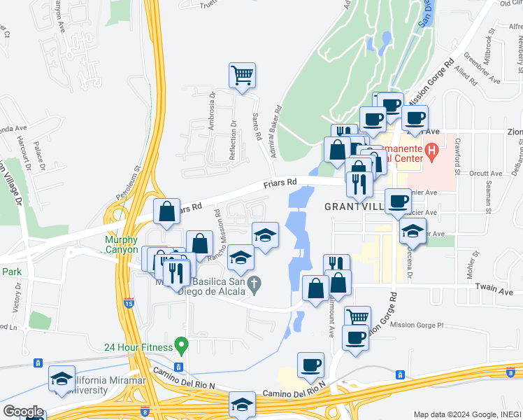map of restaurants, bars, coffee shops, grocery stores, and more near 6365 Rancho Mission Road in San Diego