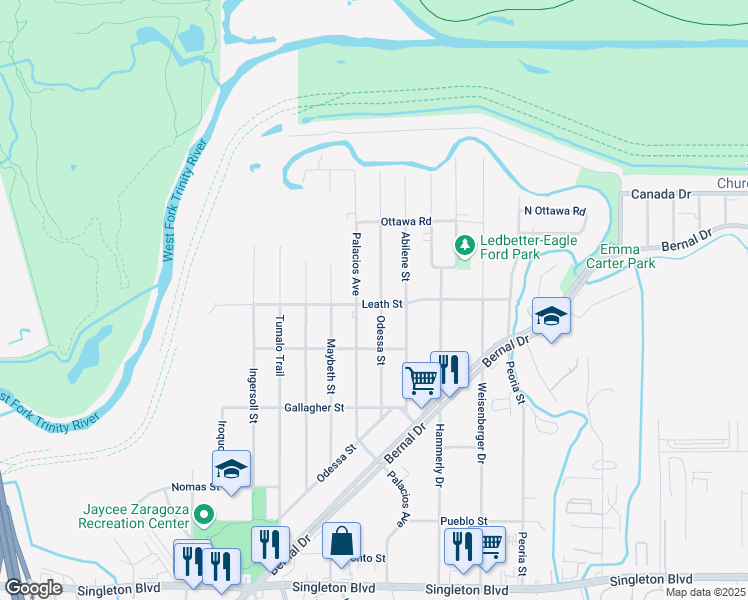map of restaurants, bars, coffee shops, grocery stores, and more near 3803 Odessa Street in Dallas