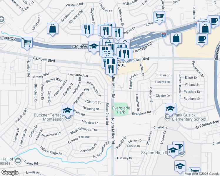map of restaurants, bars, coffee shops, grocery stores, and more near 5316 Urban Crest Road in Dallas