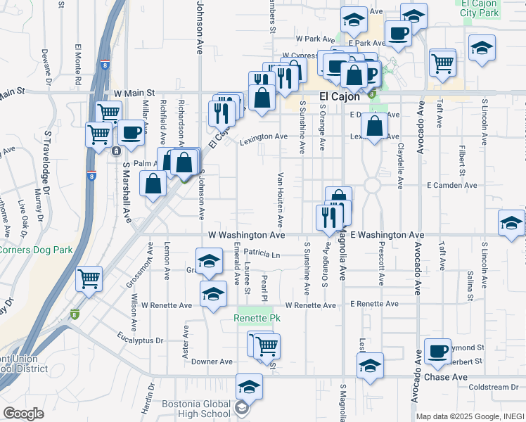 map of restaurants, bars, coffee shops, grocery stores, and more near 466 West Washington Avenue in El Cajon