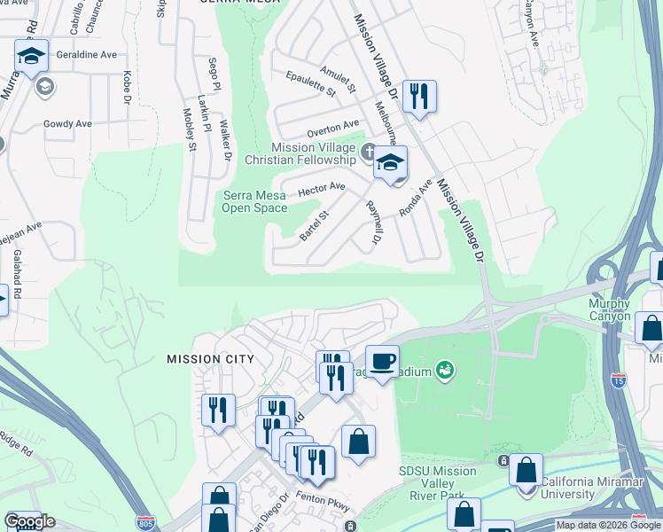 map of restaurants, bars, coffee shops, grocery stores, and more near 9141 Ronda Avenue in San Diego