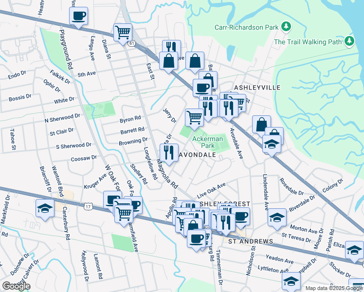map of restaurants, bars, coffee shops, grocery stores, and more near 23 Sycamore Avenue in Charleston