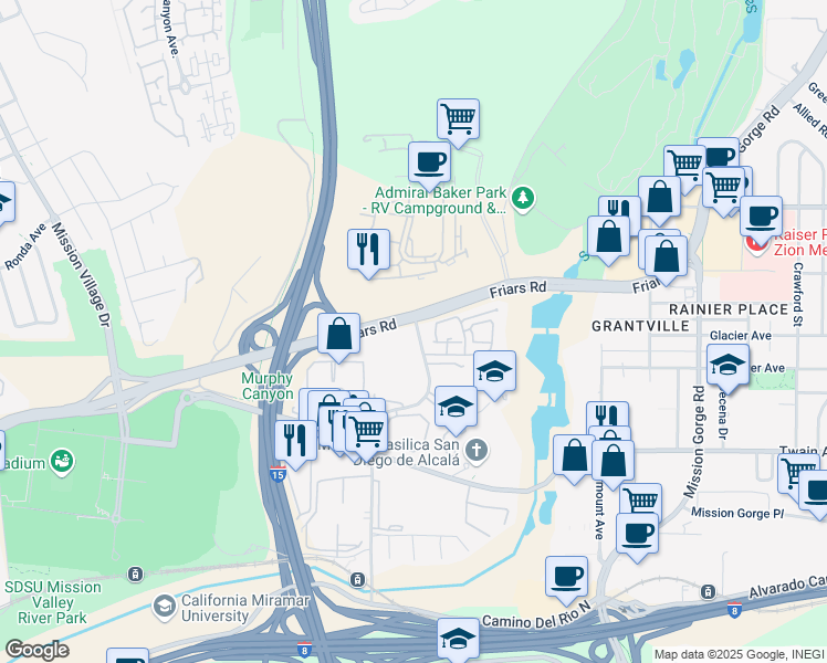 map of restaurants, bars, coffee shops, grocery stores, and more near 6390 Rancho Mission Road in San Diego