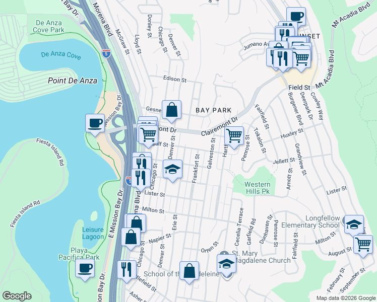 map of restaurants, bars, coffee shops, grocery stores, and more near 2530 Erie Street in San Diego