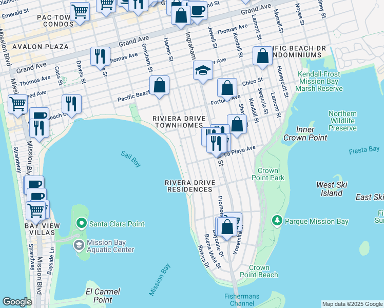 map of restaurants, bars, coffee shops, grocery stores, and more near 3817 Riviera Drive in San Diego