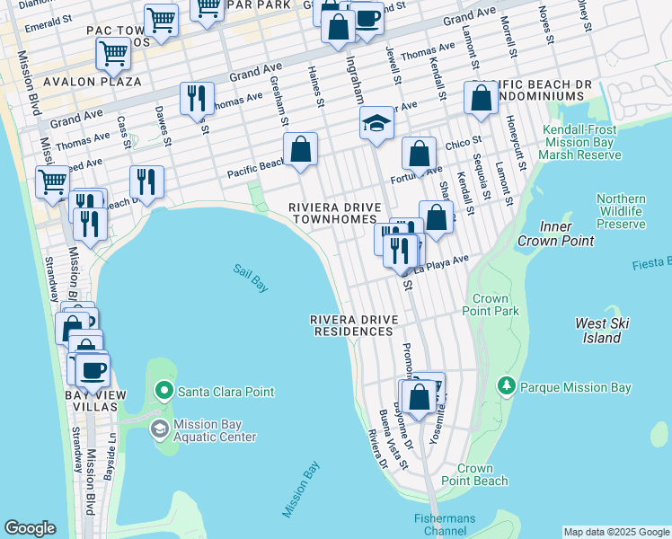 map of restaurants, bars, coffee shops, grocery stores, and more near 3818 Riviera Drive in San Diego