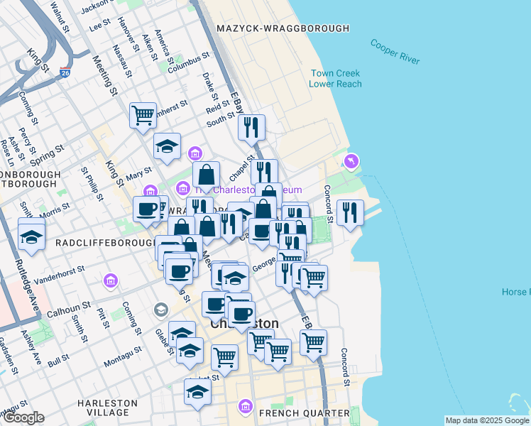 map of restaurants, bars, coffee shops, grocery stores, and more near 75 Calhoun Street in Charleston