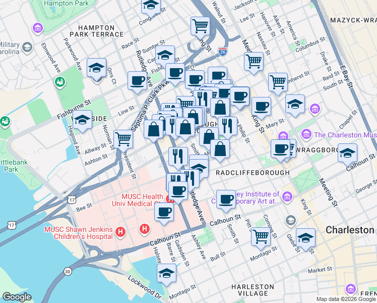 map of restaurants, bars, coffee shops, grocery stores, and more near 92 Morris Street in Charleston