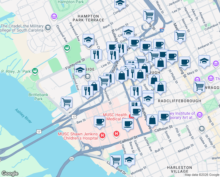 map of restaurants, bars, coffee shops, grocery stores, and more near 155 Spring Street in Charleston