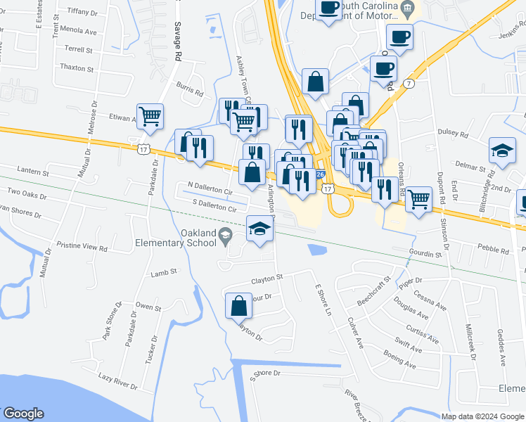map of restaurants, bars, coffee shops, grocery stores, and more near 513 Arlington Drive in Charleston