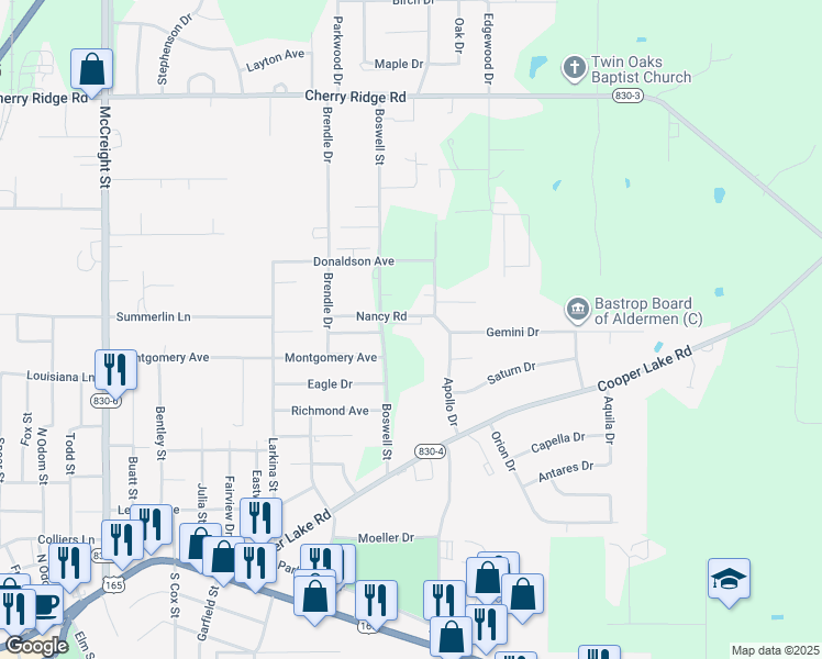 map of restaurants, bars, coffee shops, grocery stores, and more near 10280 Boswell Street in Bastrop