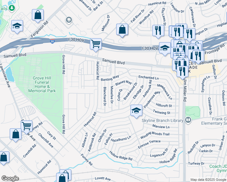 map of restaurants, bars, coffee shops, grocery stores, and more near 5119 Colter Drive in Dallas