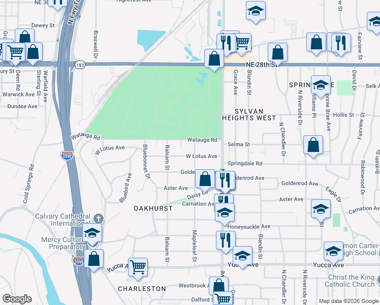 map of restaurants, bars, coffee shops, grocery stores, and more near 2346 West Lotus Avenue in Fort Worth