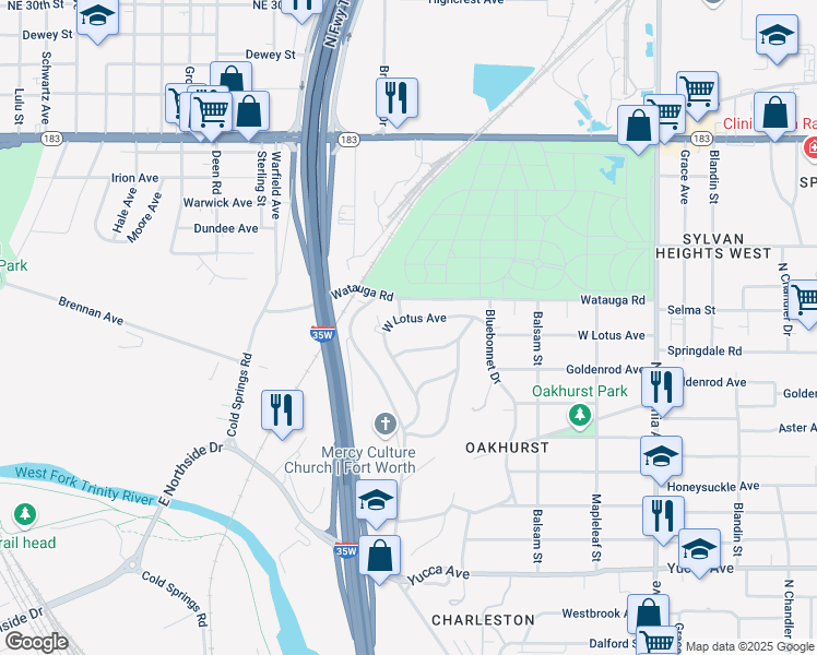 map of restaurants, bars, coffee shops, grocery stores, and more near 2105 Morning Glory Avenue in Fort Worth
