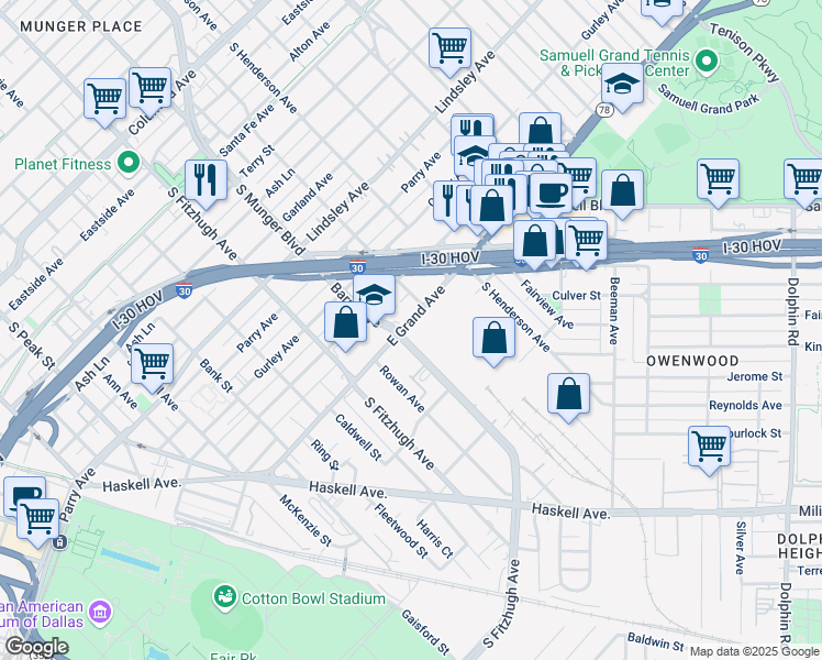 map of restaurants, bars, coffee shops, grocery stores, and more near 4924 East Grand Avenue in Dallas