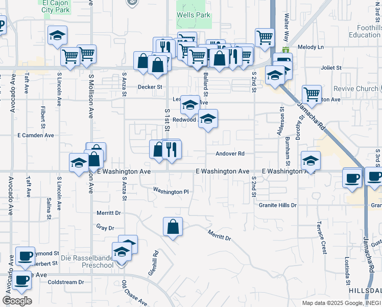 map of restaurants, bars, coffee shops, grocery stores, and more near 647 Bison Court in El Cajon