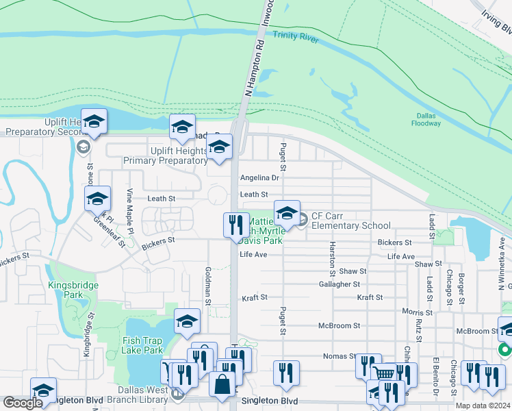 map of restaurants, bars, coffee shops, grocery stores, and more near 2037 Bayside Street in Dallas