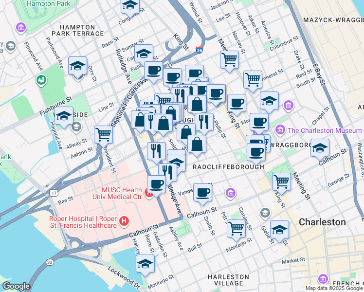 map of restaurants, bars, coffee shops, grocery stores, and more near 5 Dereef Court in Charleston