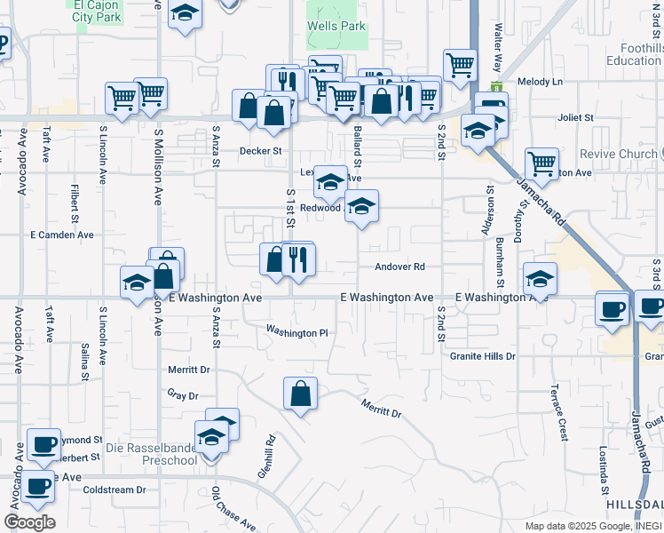 map of restaurants, bars, coffee shops, grocery stores, and more near 647 Bison Court in El Cajon