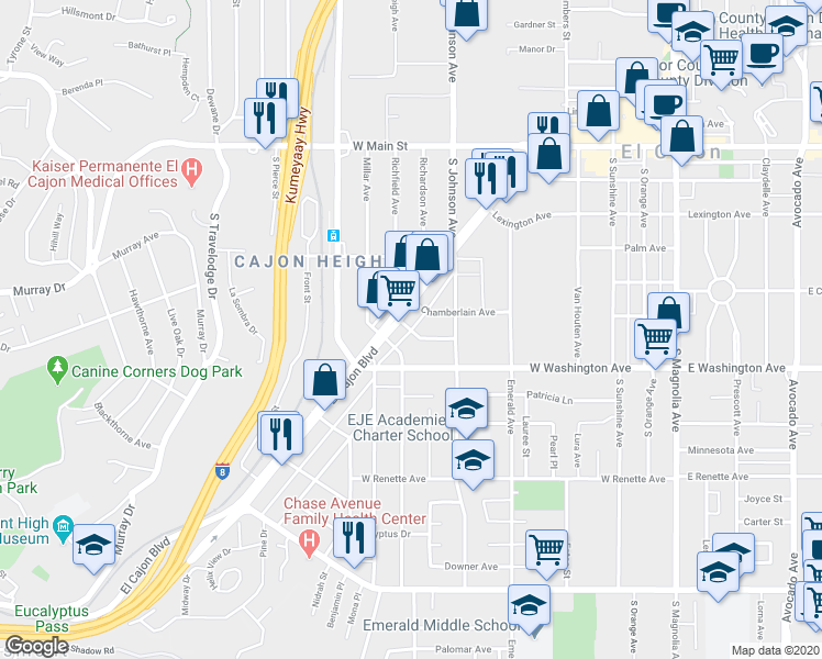 map of restaurants, bars, coffee shops, grocery stores, and more near 846 Franklin Avenue in El Cajon