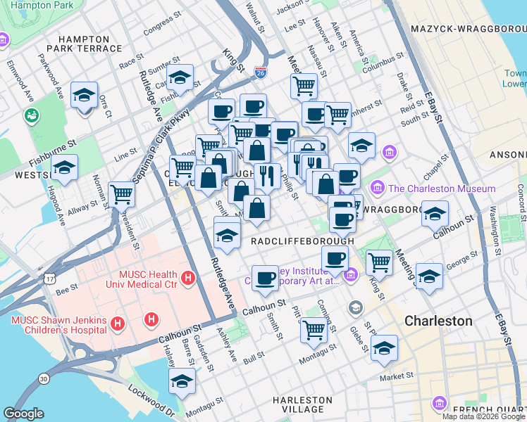 map of restaurants, bars, coffee shops, grocery stores, and more near 9 Radcliffe Place in Charleston