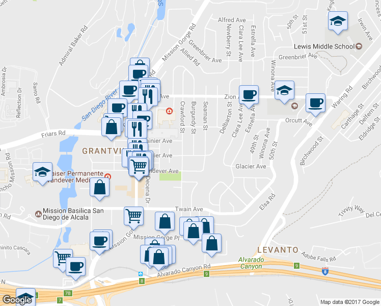 map of restaurants, bars, coffee shops, grocery stores, and more near 6304 Burgundy Street in San Diego
