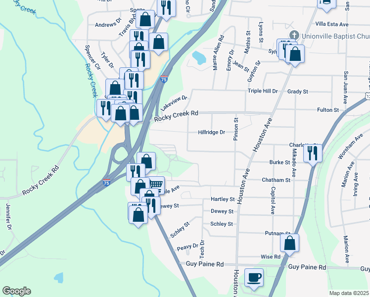 map of restaurants, bars, coffee shops, grocery stores, and more near 4187 Buena Vista Avenue in Macon