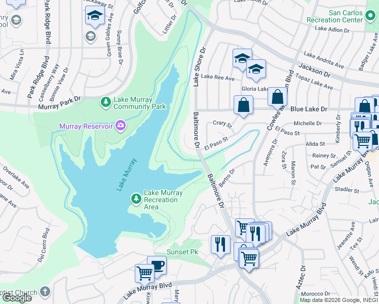 map of restaurants, bars, coffee shops, grocery stores, and more near 6106 Laport Street in La Mesa