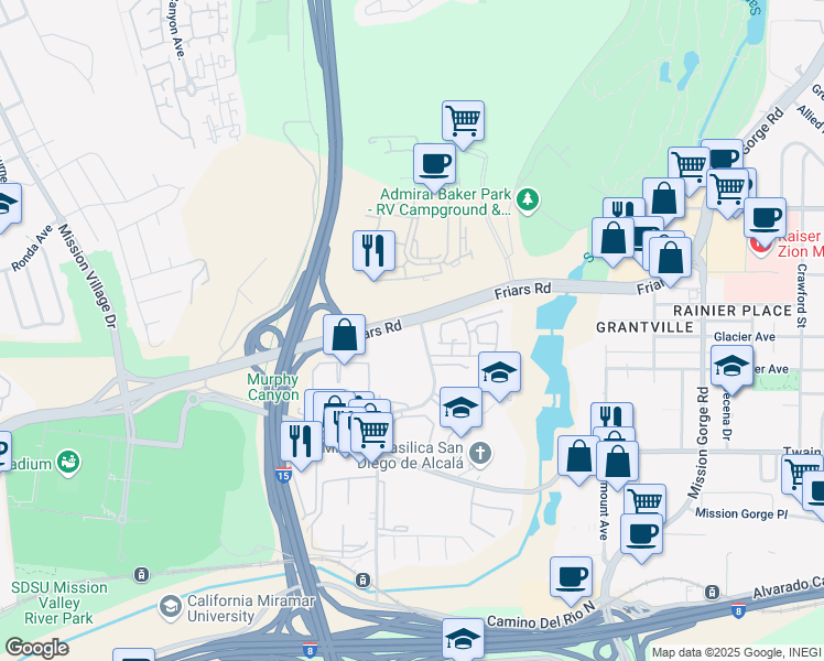 map of restaurants, bars, coffee shops, grocery stores, and more near 6386 Rancho Mission Road in San Diego