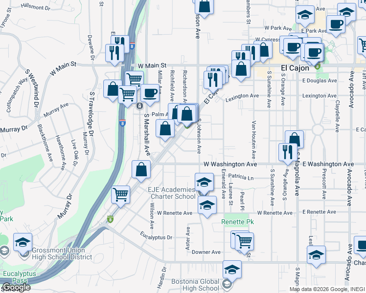 map of restaurants, bars, coffee shops, grocery stores, and more near 820 Franklin Avenue in El Cajon