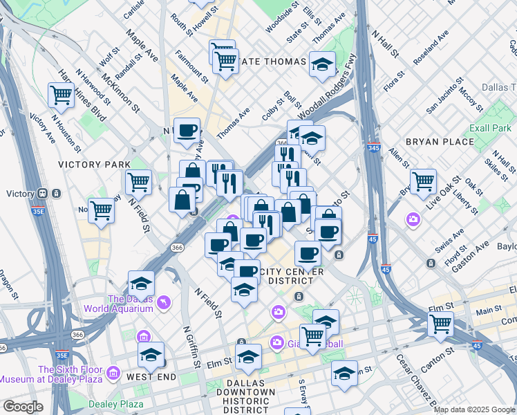 map of restaurants, bars, coffee shops, grocery stores, and more near 1801 North Pearl Street in Dallas