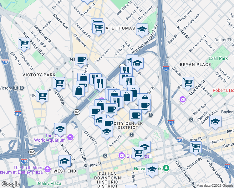 map of restaurants, bars, coffee shops, grocery stores, and more near in Dallas