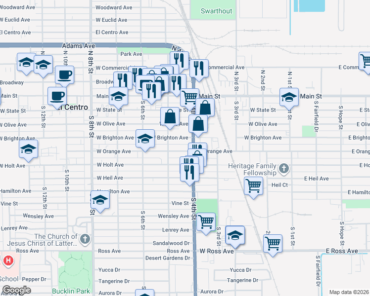 map of restaurants, bars, coffee shops, grocery stores, and more near 480 West Orange Avenue in El Centro