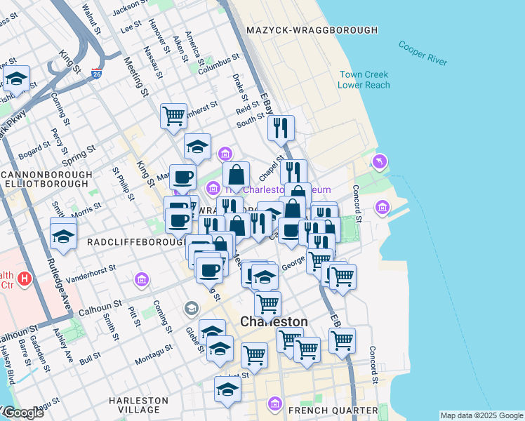 map of restaurants, bars, coffee shops, grocery stores, and more near 12 Elizabeth Street in Charleston