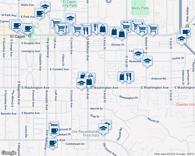 map of restaurants, bars, coffee shops, grocery stores, and more near 960 East Washington Avenue in El Cajon