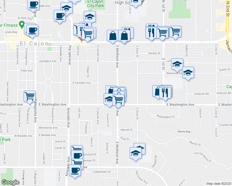 map of restaurants, bars, coffee shops, grocery stores, and more near 639 South Mollison Avenue in El Cajon